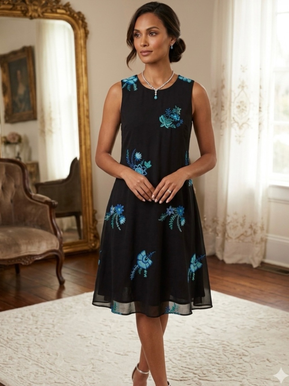 Calvin Klein Black Floral Embroidered Trapeze Swing Dress - Size M (Estimated)